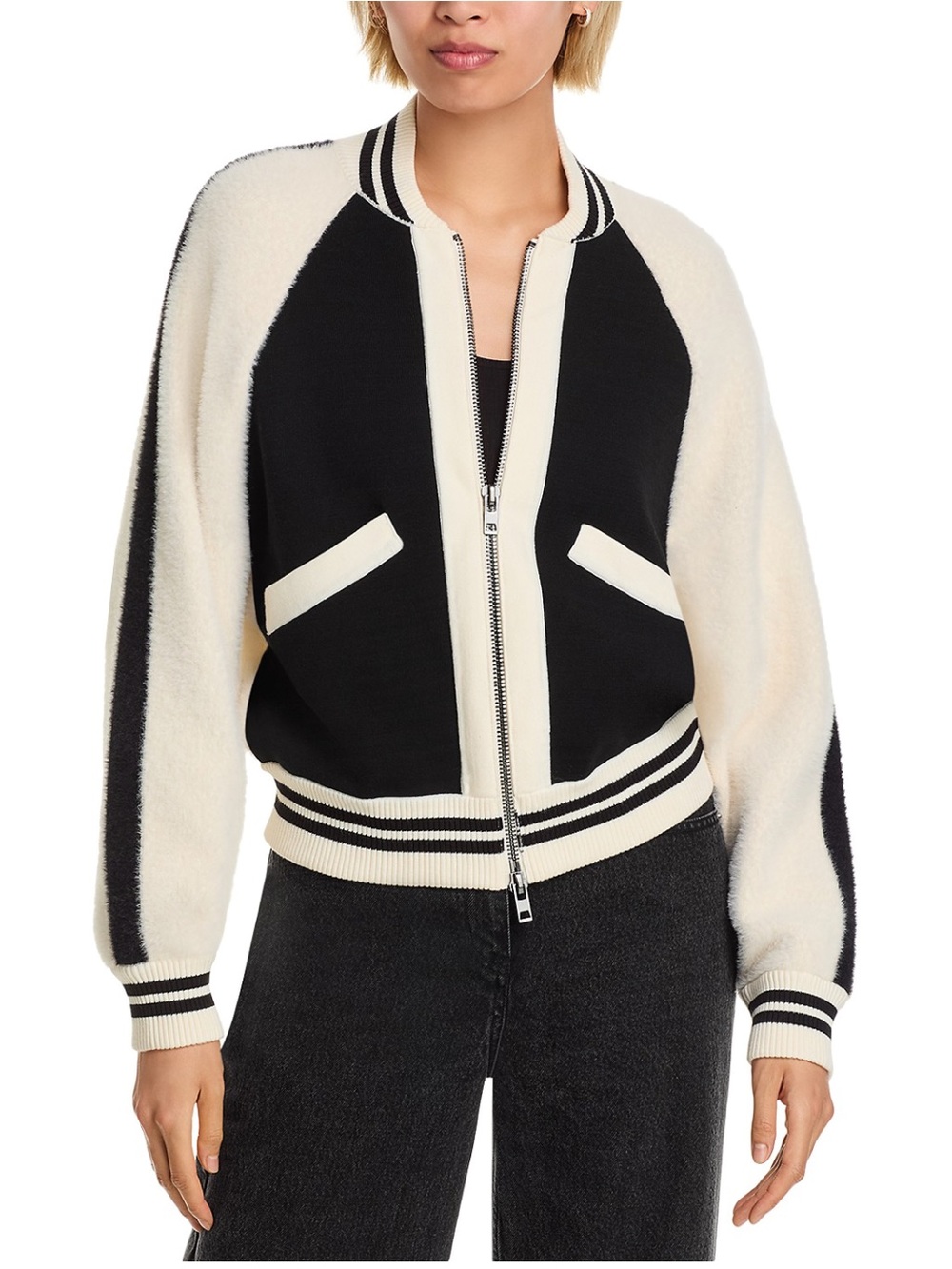 NWT Essential Antwerp Black and white faux fur-panelled knitted bomber jacket